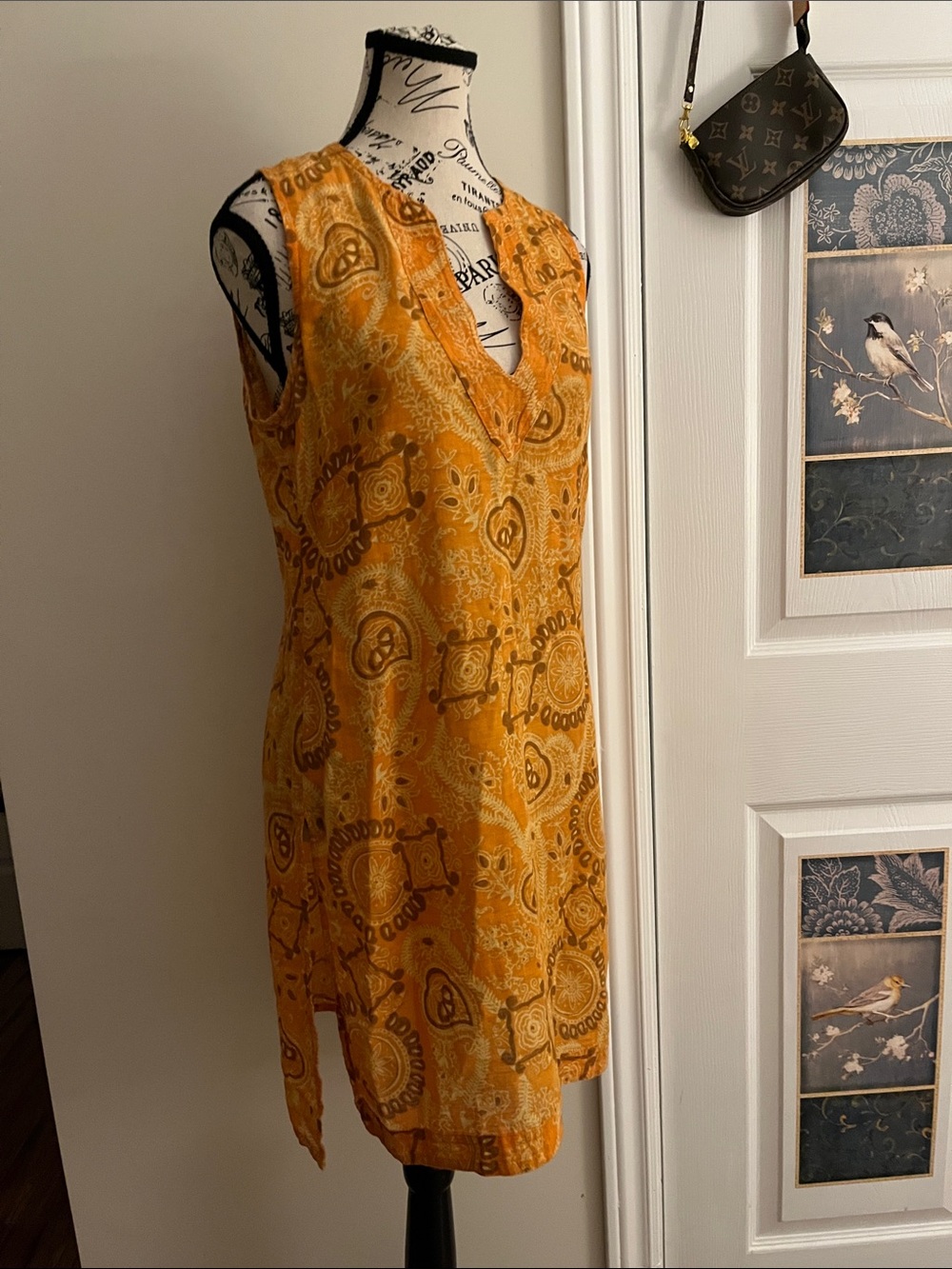 Sleeveless V-Neck Tunic in Mustard Yellow - Lightweight Boho Print - Picture 6 of 9